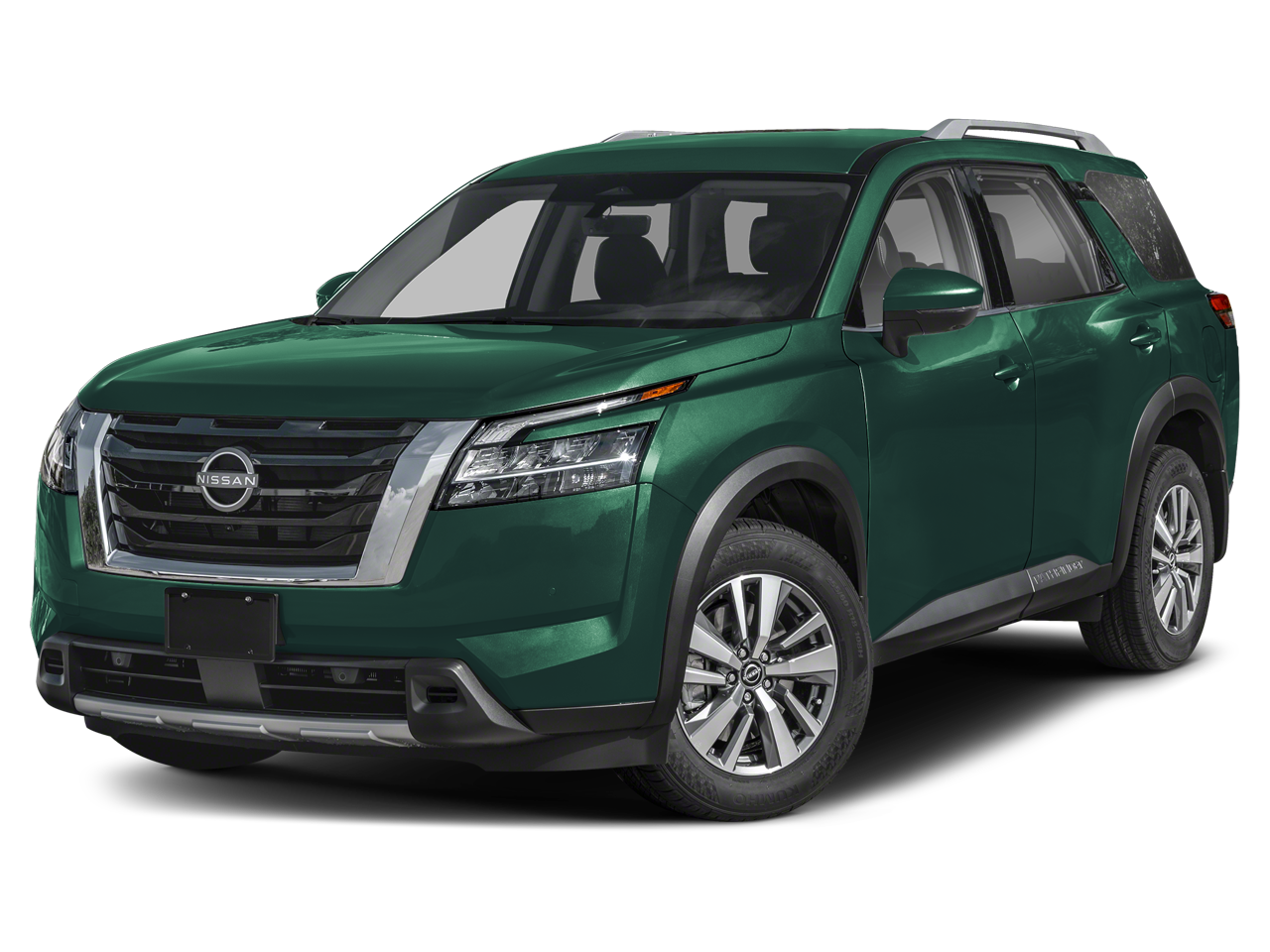 2025 Nissan Pathfinder SL in Obsidian Green Pearl — front three-quarter view