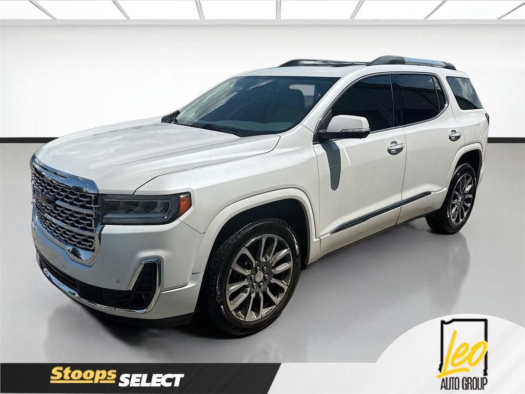 2020 GMC Acadia Denali in White Frost Tricoat — front three-quarter view