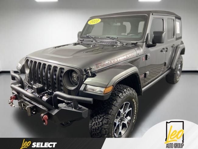 2021 Jeep Wrangler Unlimited Rubicon in Granite Crystal Metallic Clearcoat — front three-quarter view