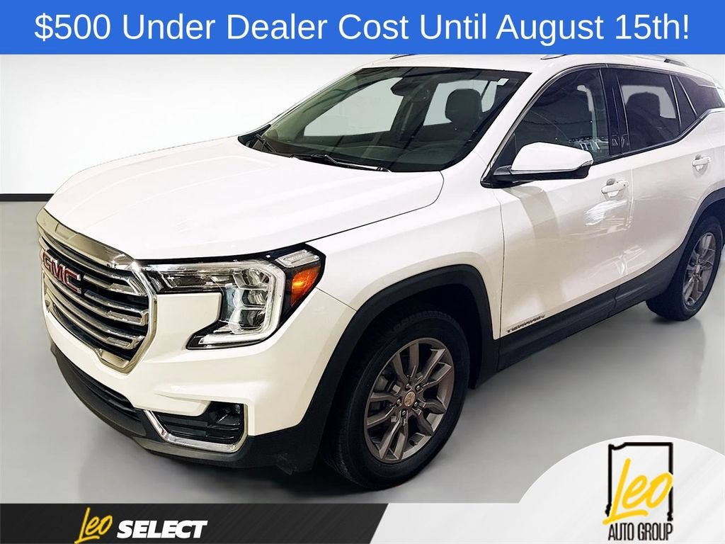 2024 GMC Terrain SLT in Summit White — front three-quarter view
